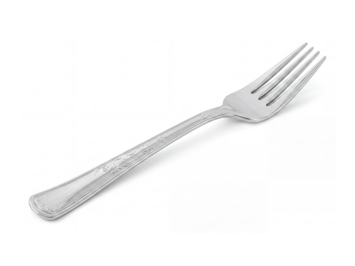 Silver disposable fork on a white background