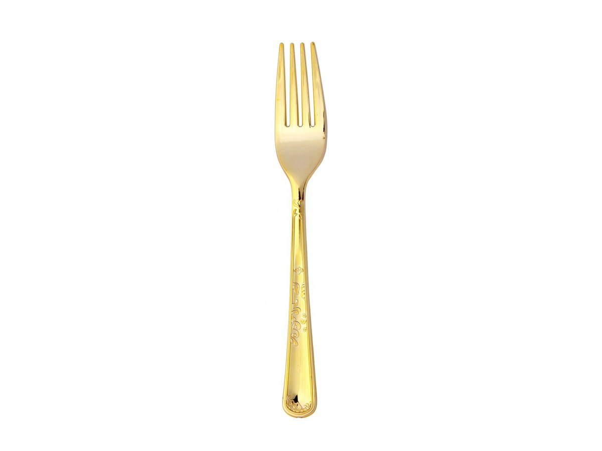 Gold electroplated fork on a white background