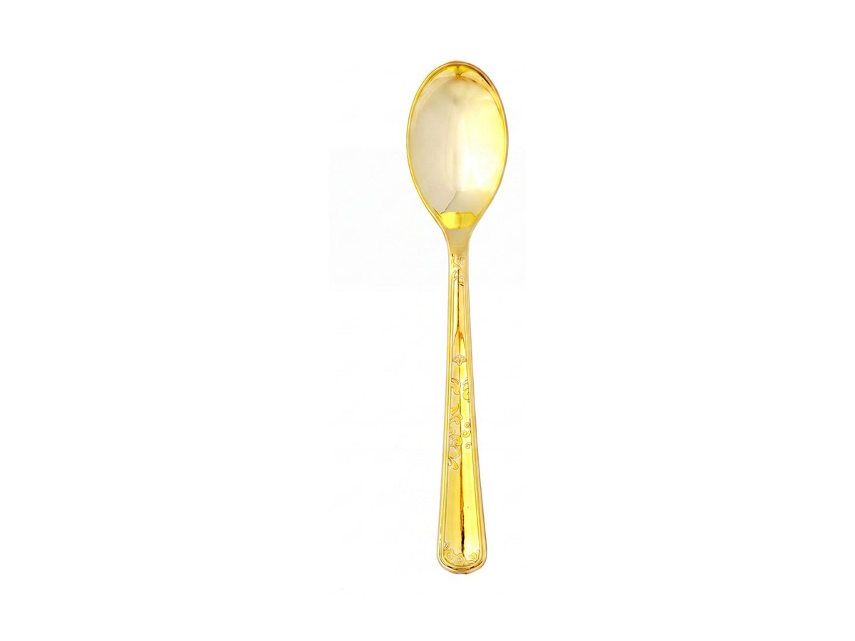 Gold electroplated spoon on a white background