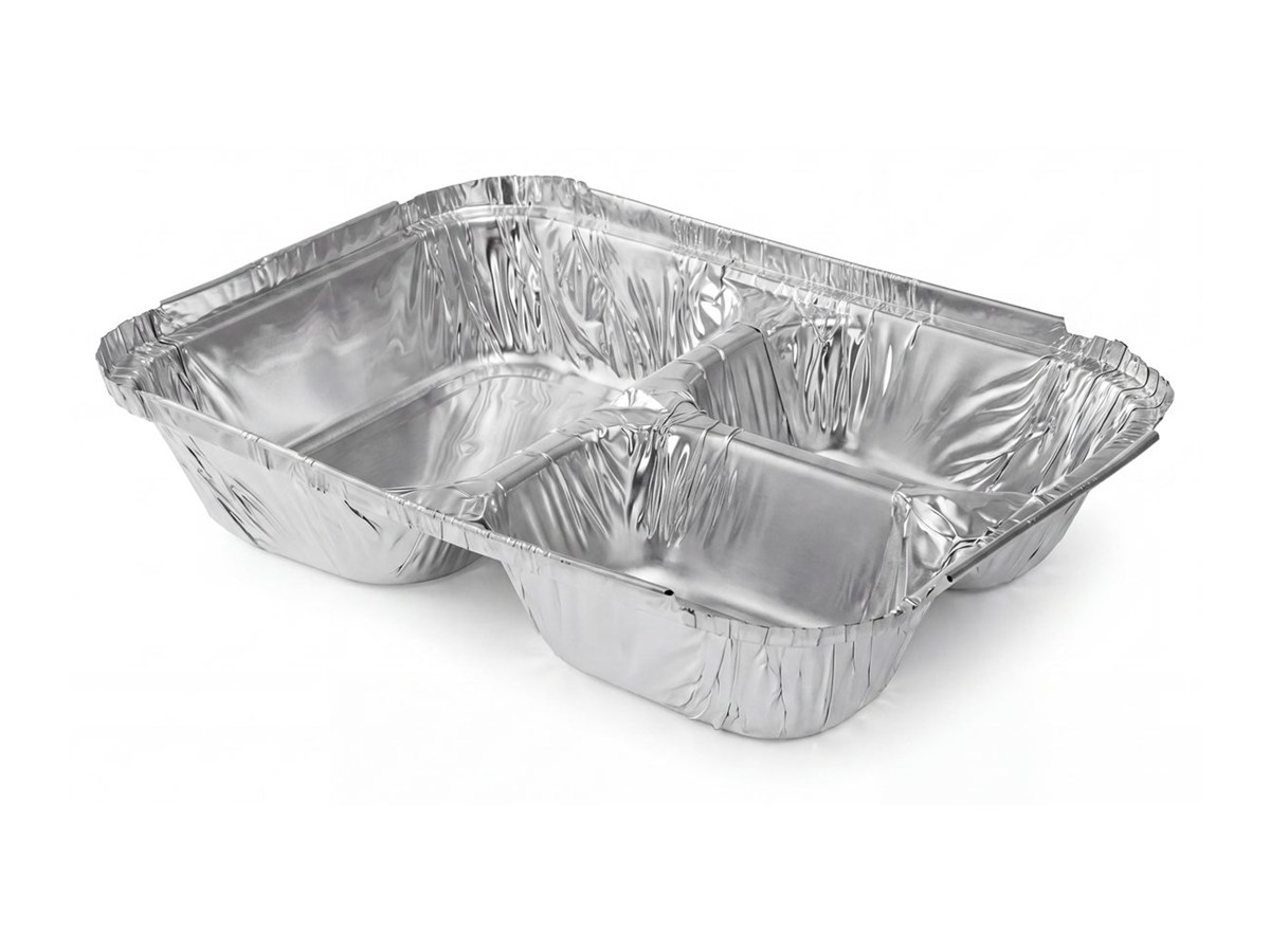 Four-compartment silver aluminum foil tray on a white background