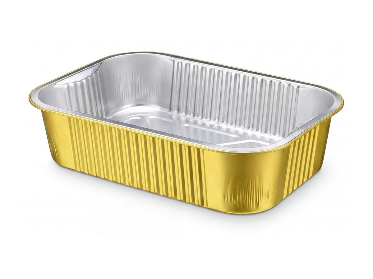 Gold rectangular aluminum foil tray on a white background