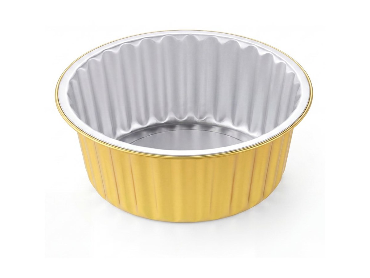 Round gold aluminum foil cup on a white background