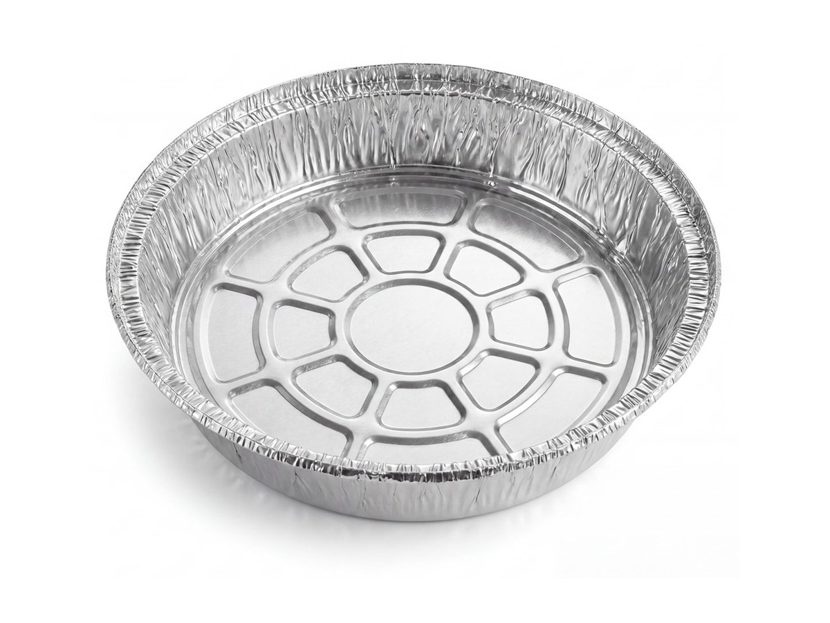 Round silver aluminum foil tray on a white background