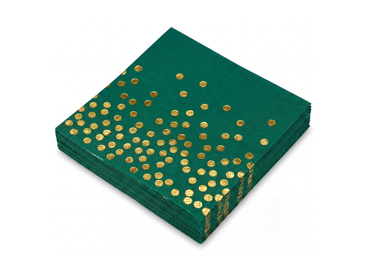Dark green gold-dot paper napkins on a white background