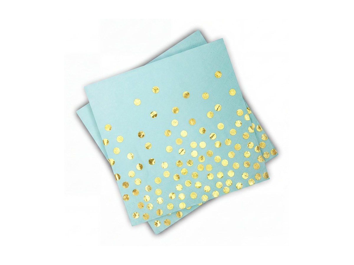 Light blue gold-dot paper napkins on a white background