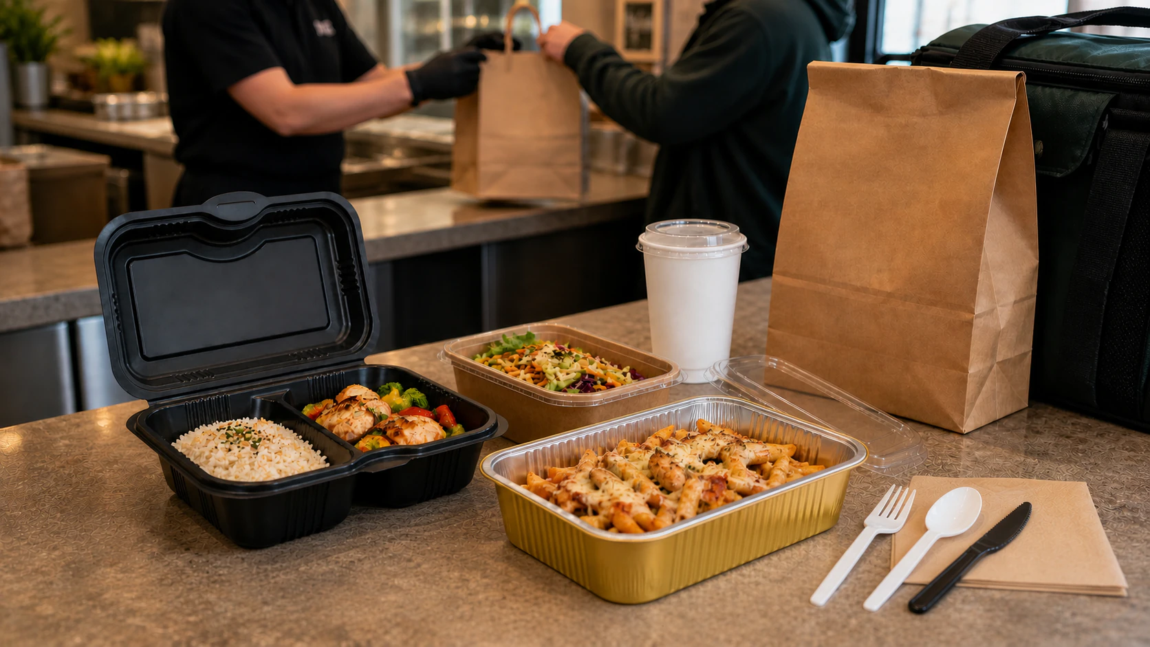 Prepared takeaway meals in plastic, paper and aluminum foil containers with a drink cup and cutlery ready for courier pickup