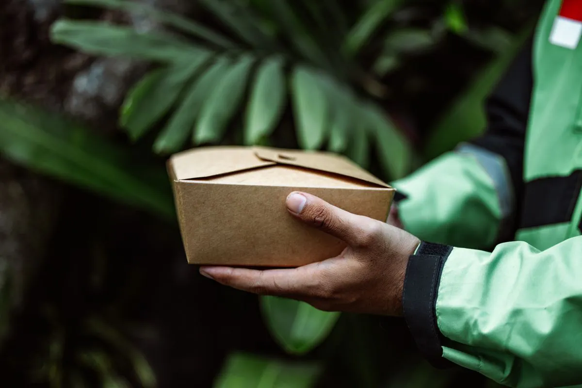 Kraft takeaway food container held by hand