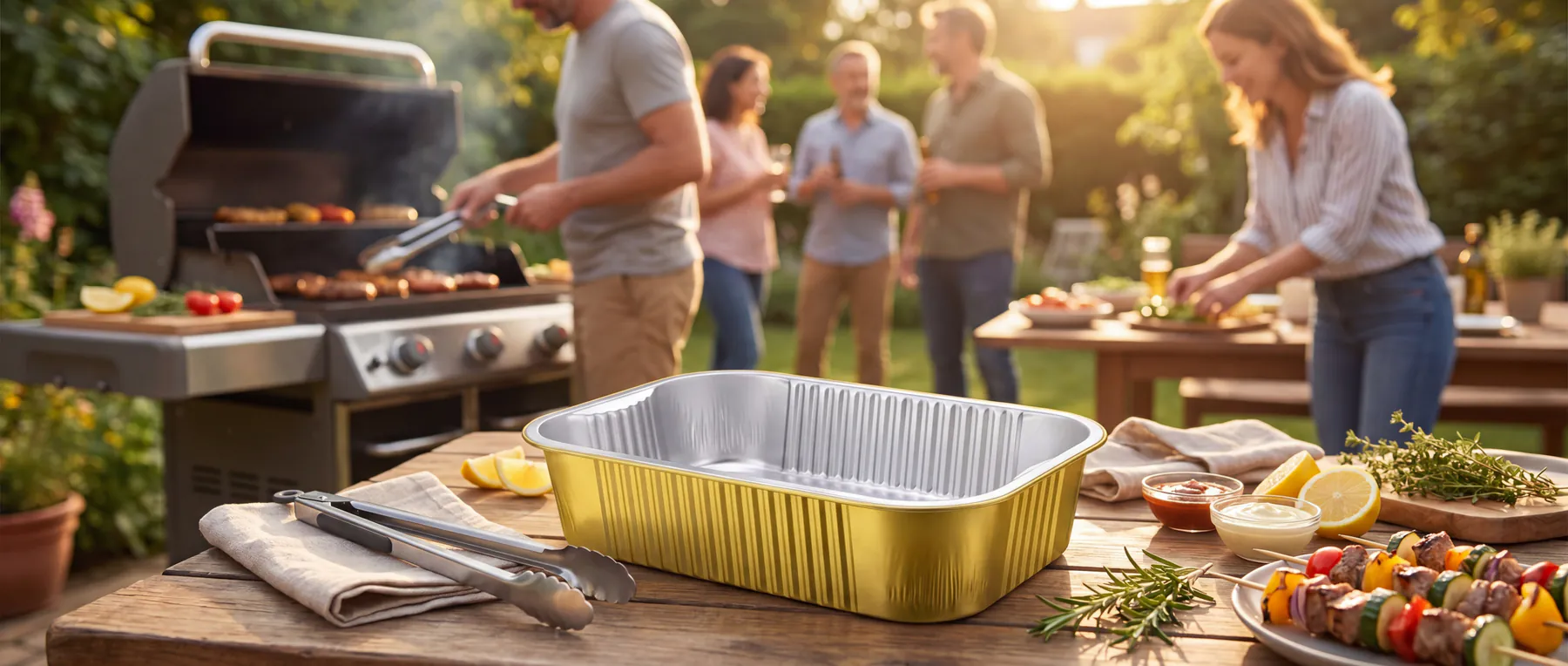 Barquette aluminium dorée préparée pour un service traiteur barbecue en extérieur