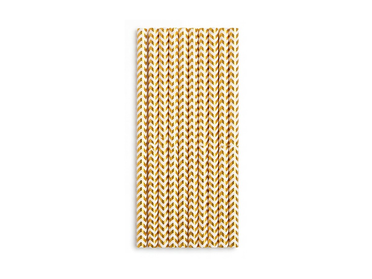 Gold chevron paper straws on a white background