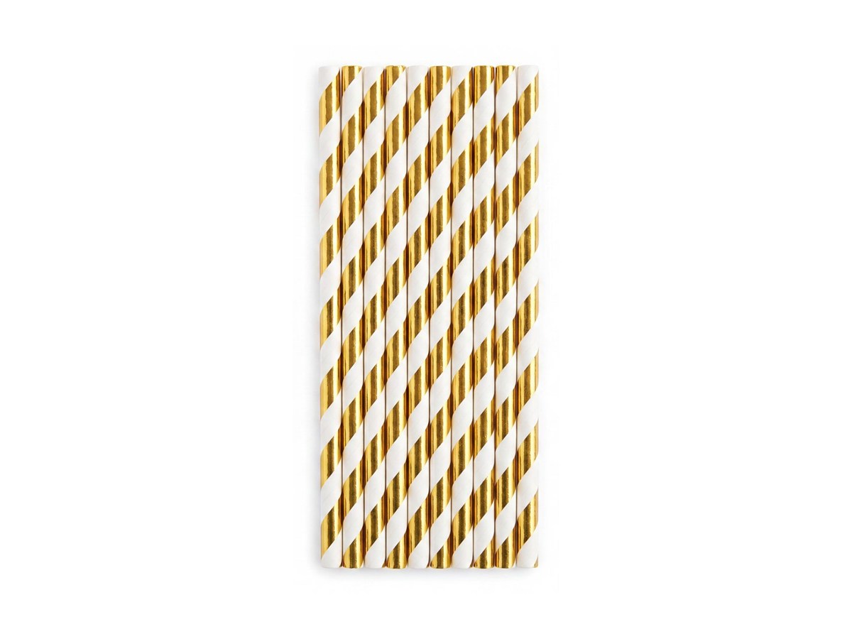 Gold spiral paper straws on a white background