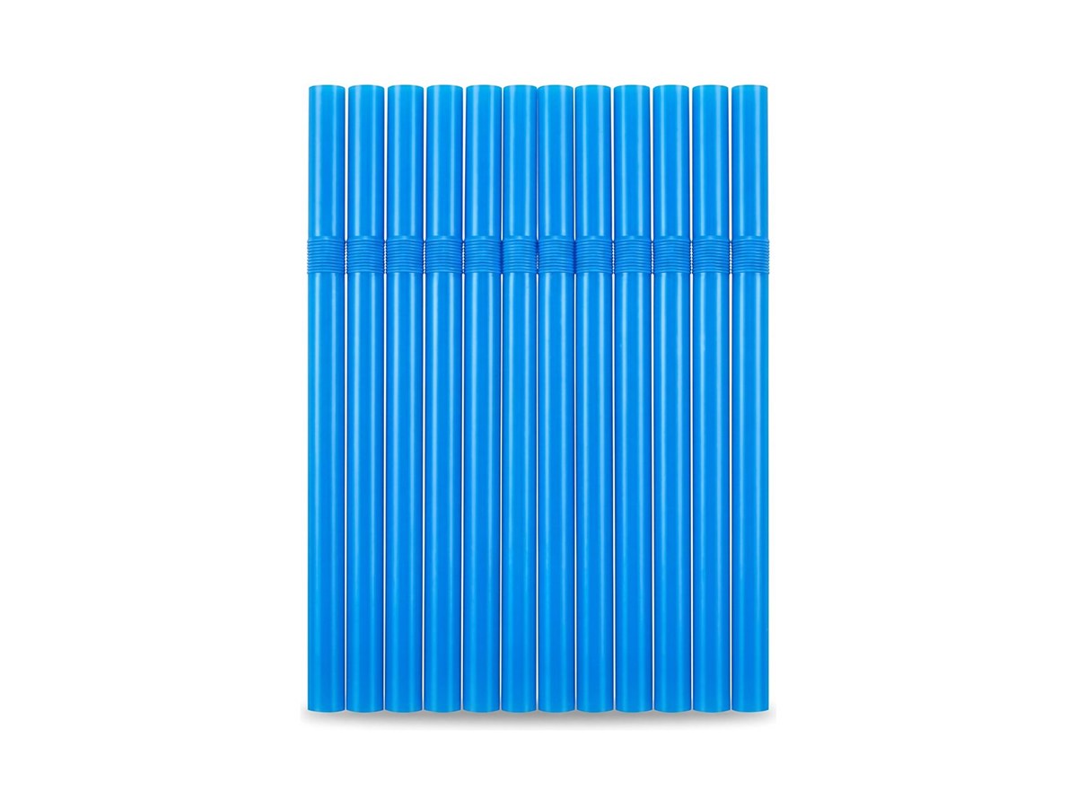 Blue plastic bendy straws on a white background