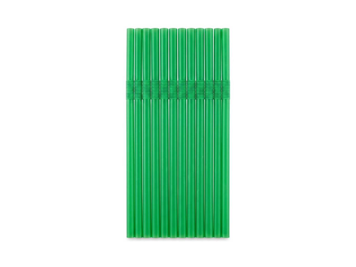 Green plastic bendy straws on a white background