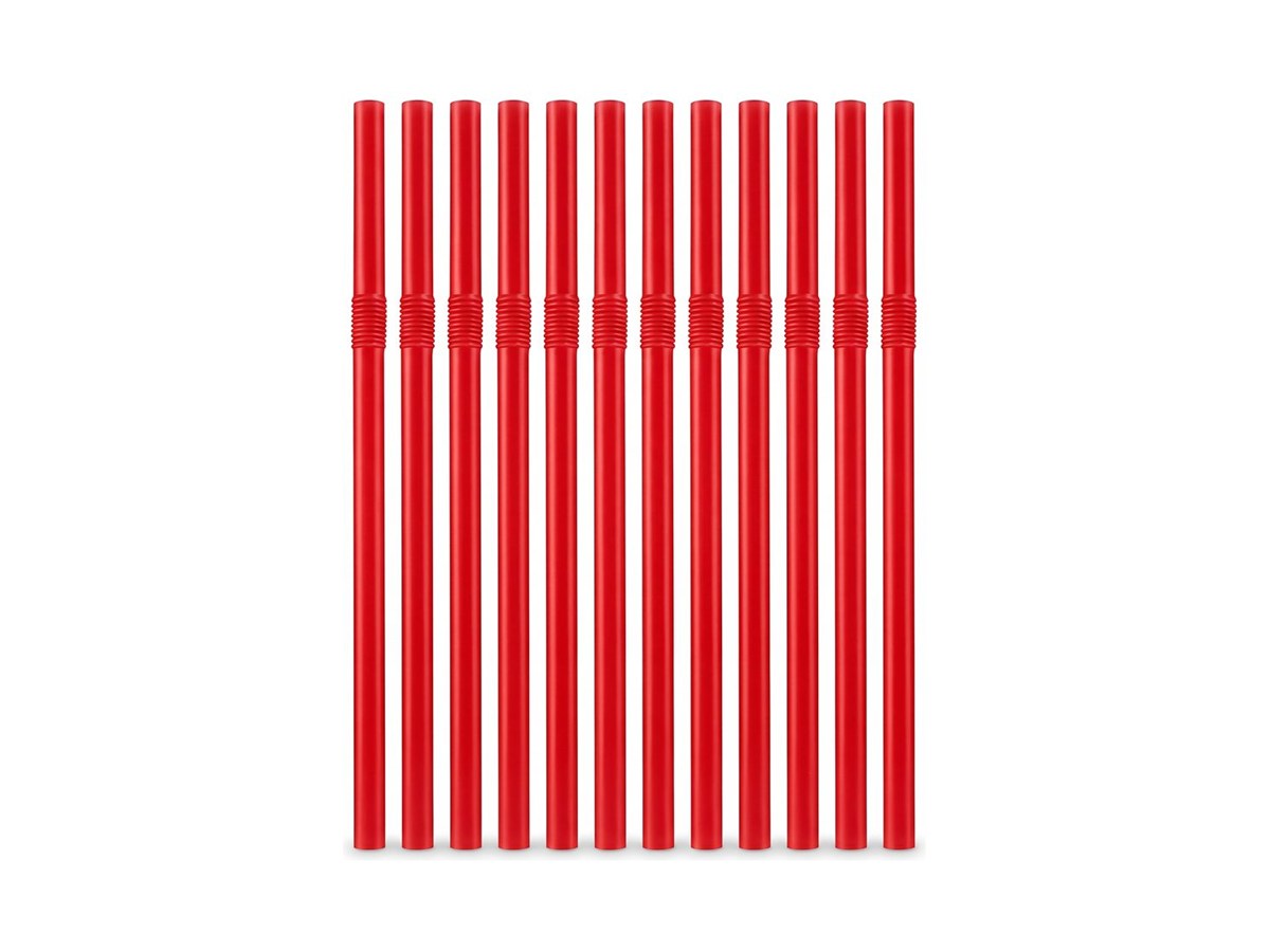 Red plastic bendy straws on a white background